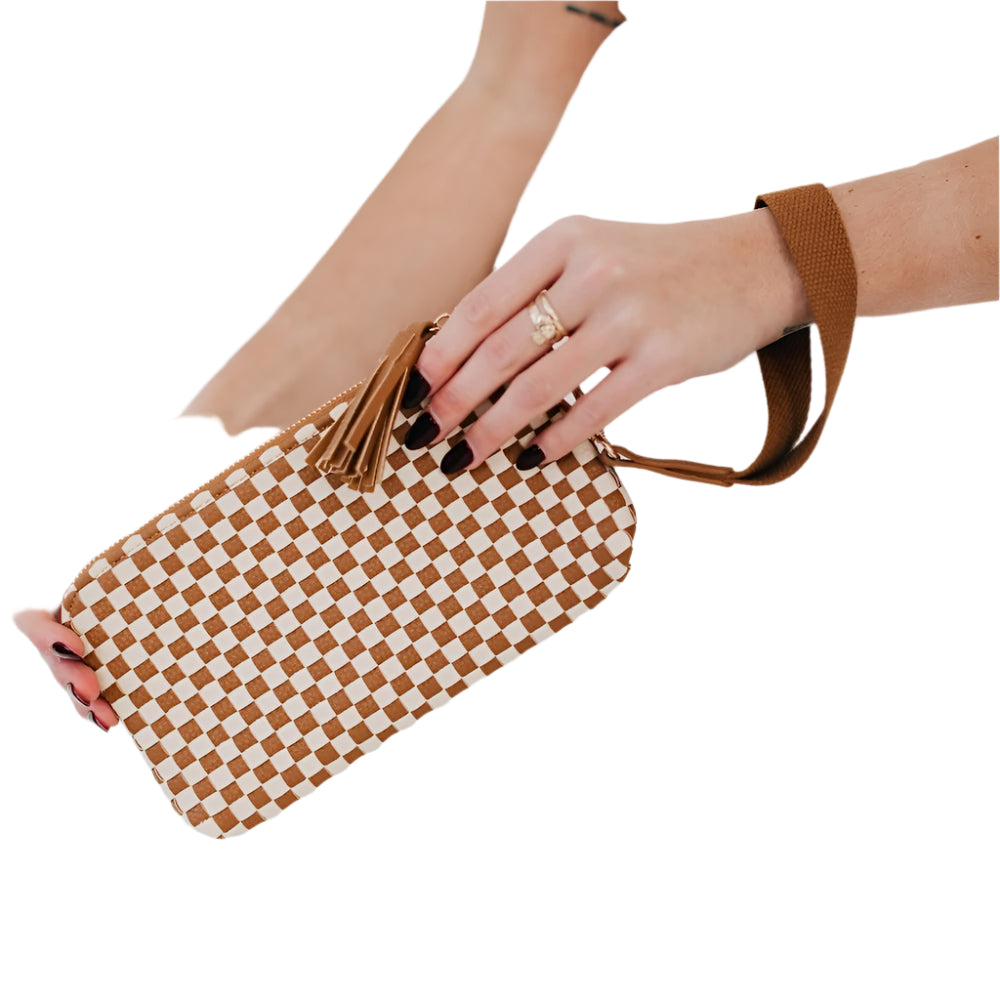 Woven Clutch Wristlet- Brown Check