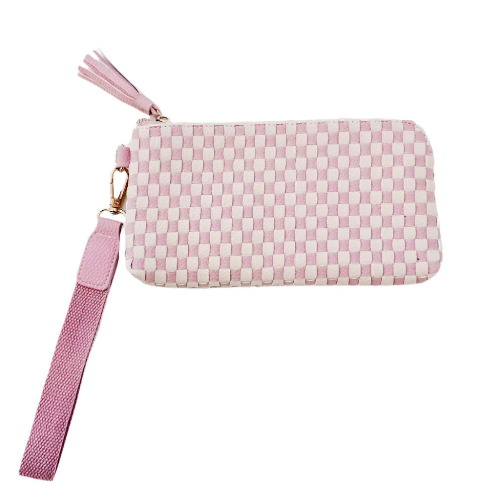 Woven Clutch Wristlet- Pink Check