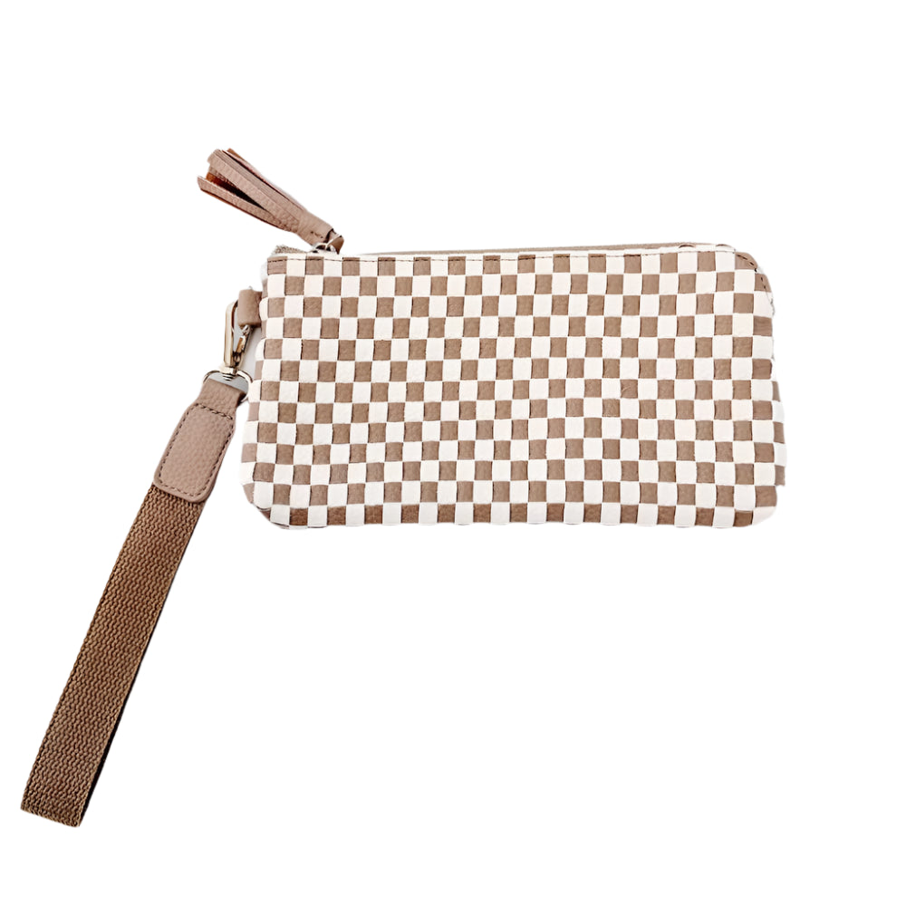 Woven Clutch Wristlet- Tan Check