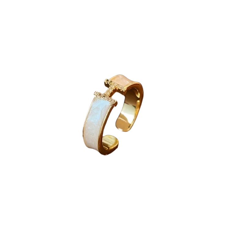 Mother Of Pearl & Rhinestone Adjustable H Ring