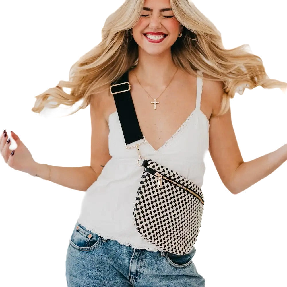 The Westlyn Woven Crossbody Bum Bag- Checkered Black