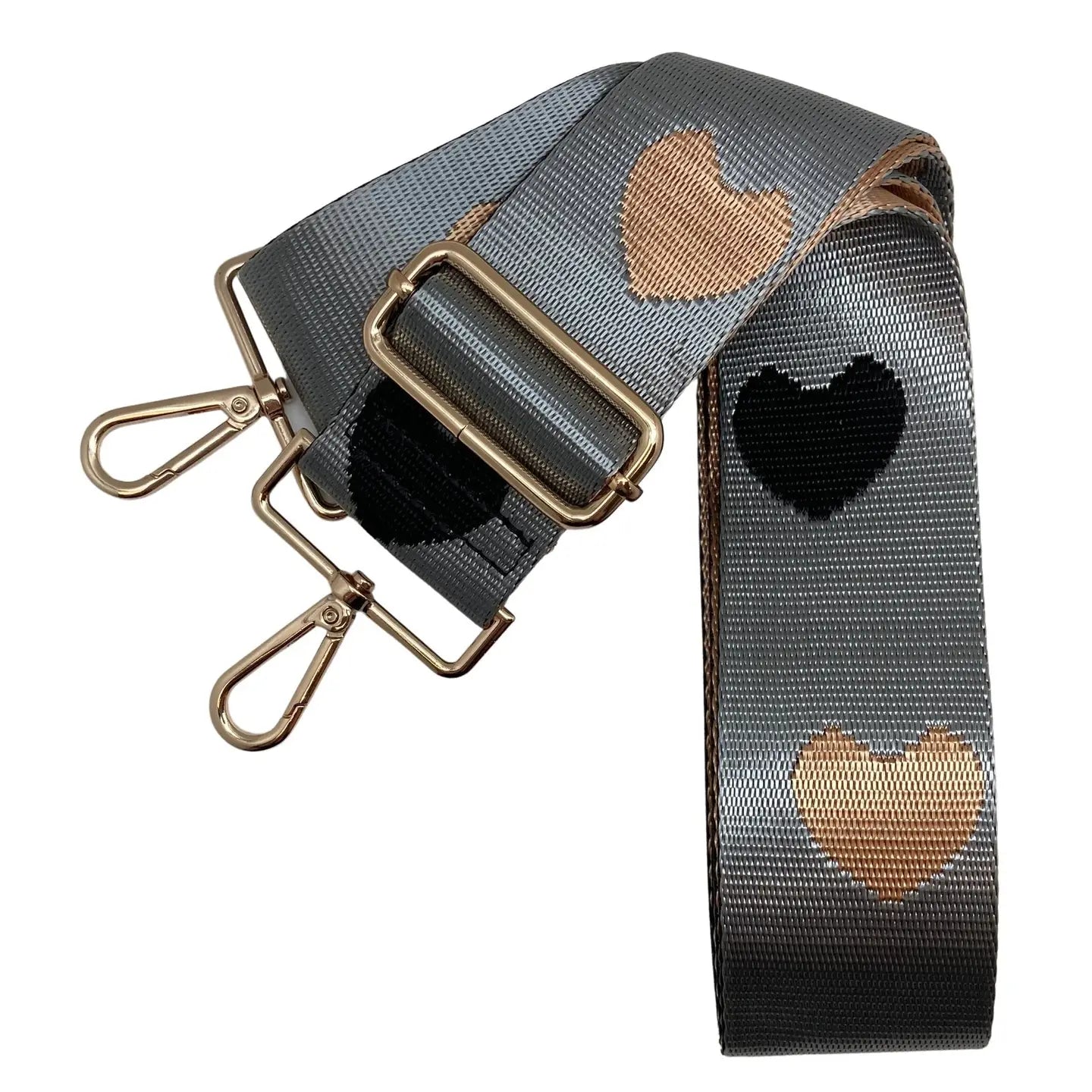 Purse Strap- Gray with Blk/ Gold Hearts