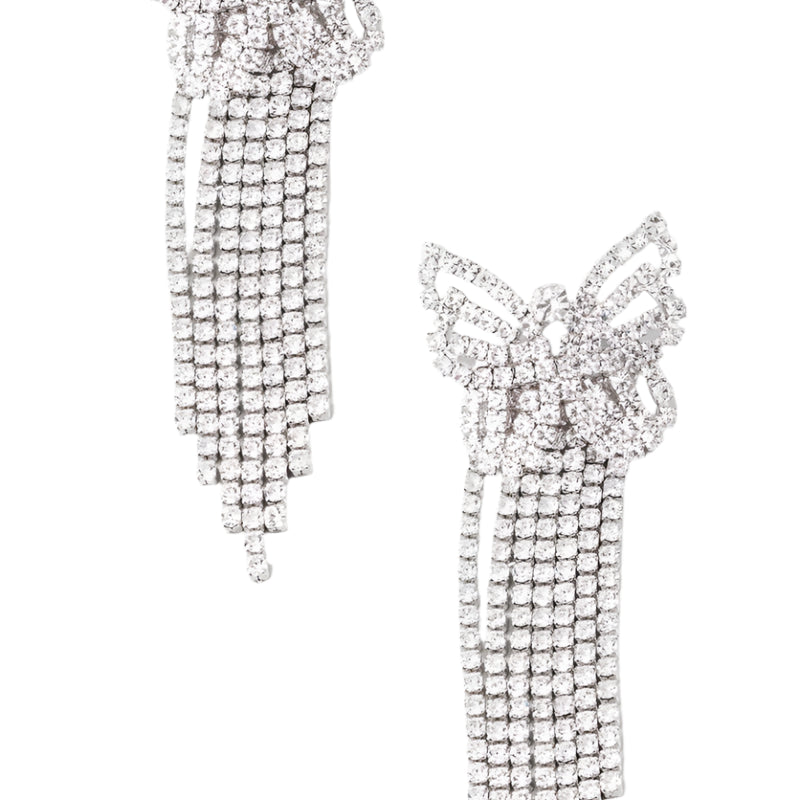 Butterfly Rhinestone Fringe Earrings- Silver
