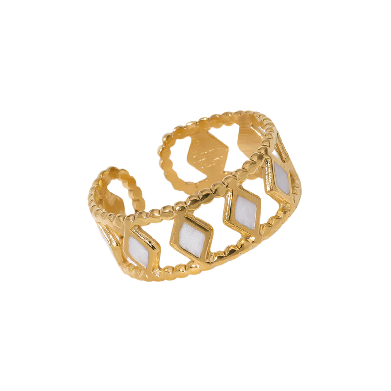 Adjustable Gold Ring with Diamond Shapes - White
