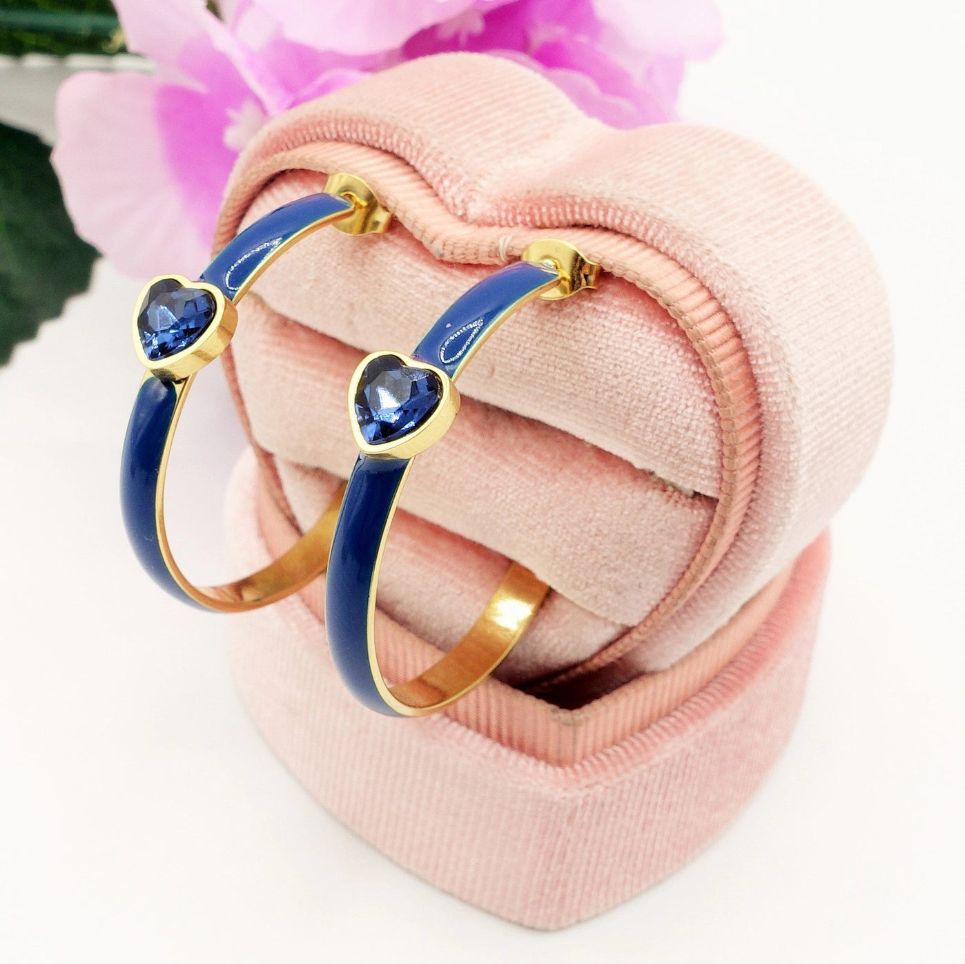 Enamel Hoop Earring With Heart- Navy