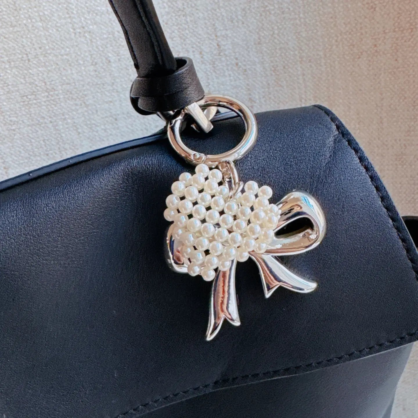 Silver Bow & Pearl Heart Bag Charm