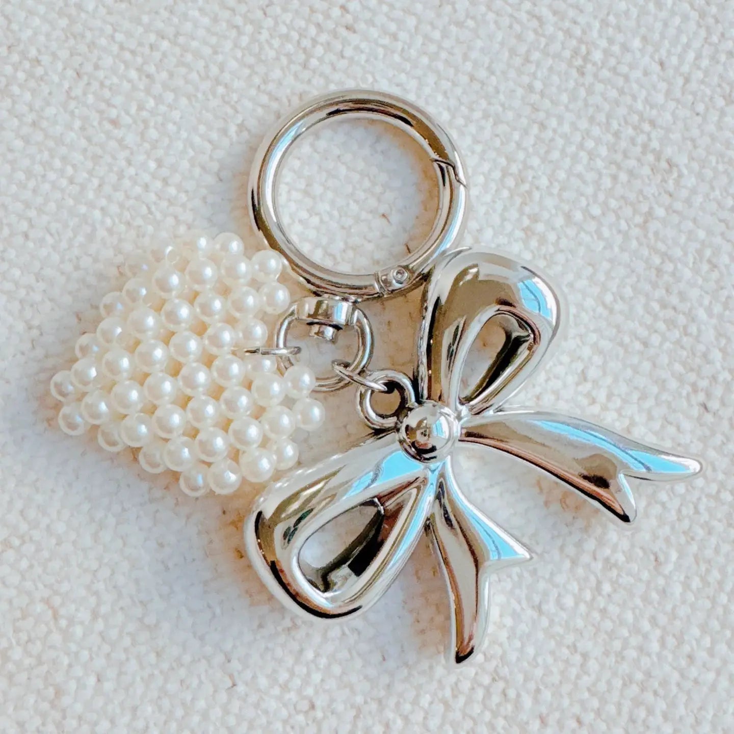 Silver Bow & Pearl Heart Bag Charm