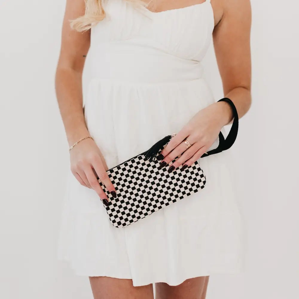 Woven Clutch Wristlet- Black Check