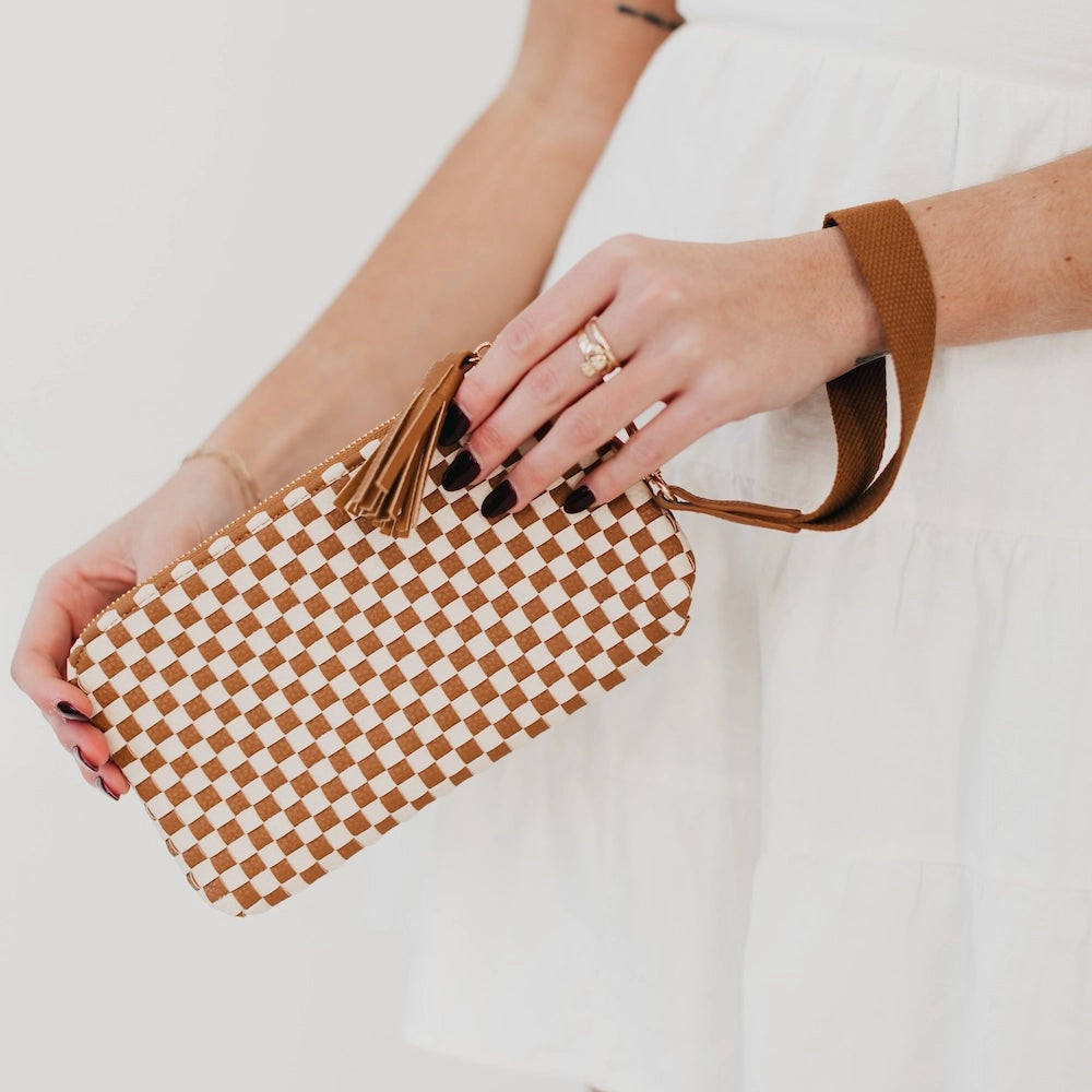 Woven Clutch Wristlet- Brown Check