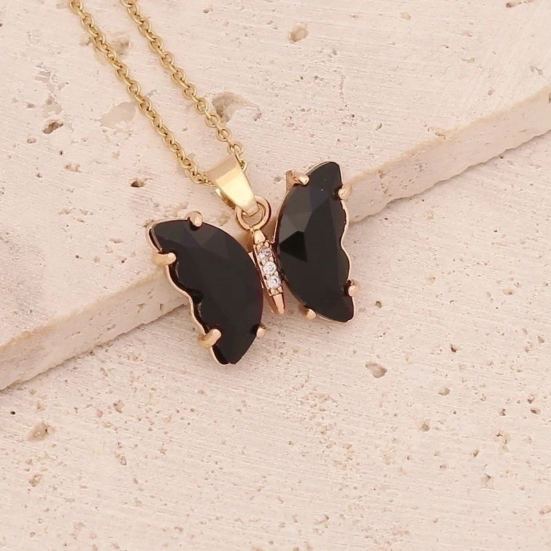 Crystal Butterfly Necklace- Black