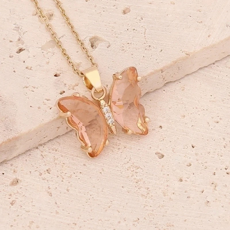 Crystal Butterfly Necklace- Peach