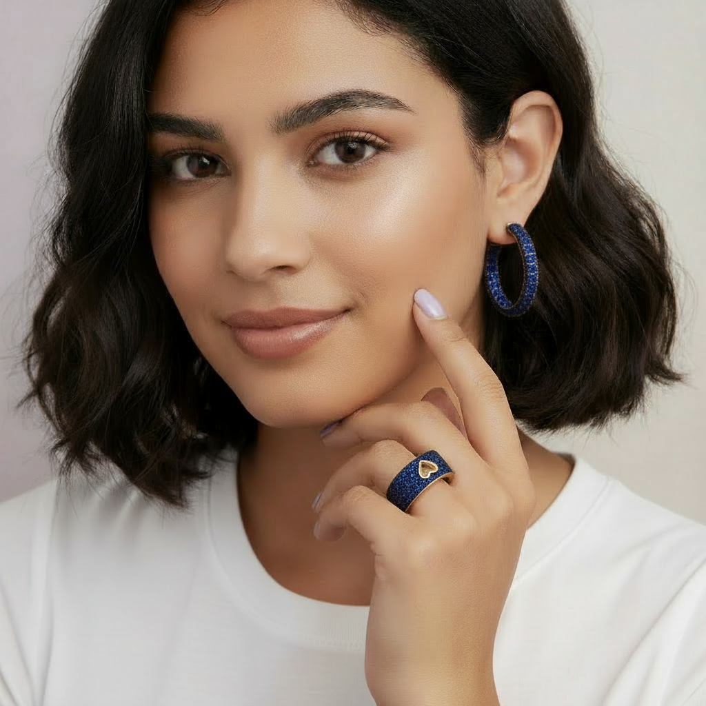 Navy Rhinestone Heart Ring