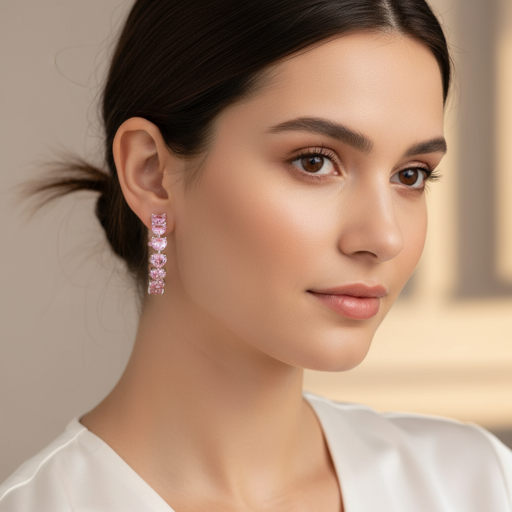 Crystal Heart Eternity Hoop Earrings- Pink