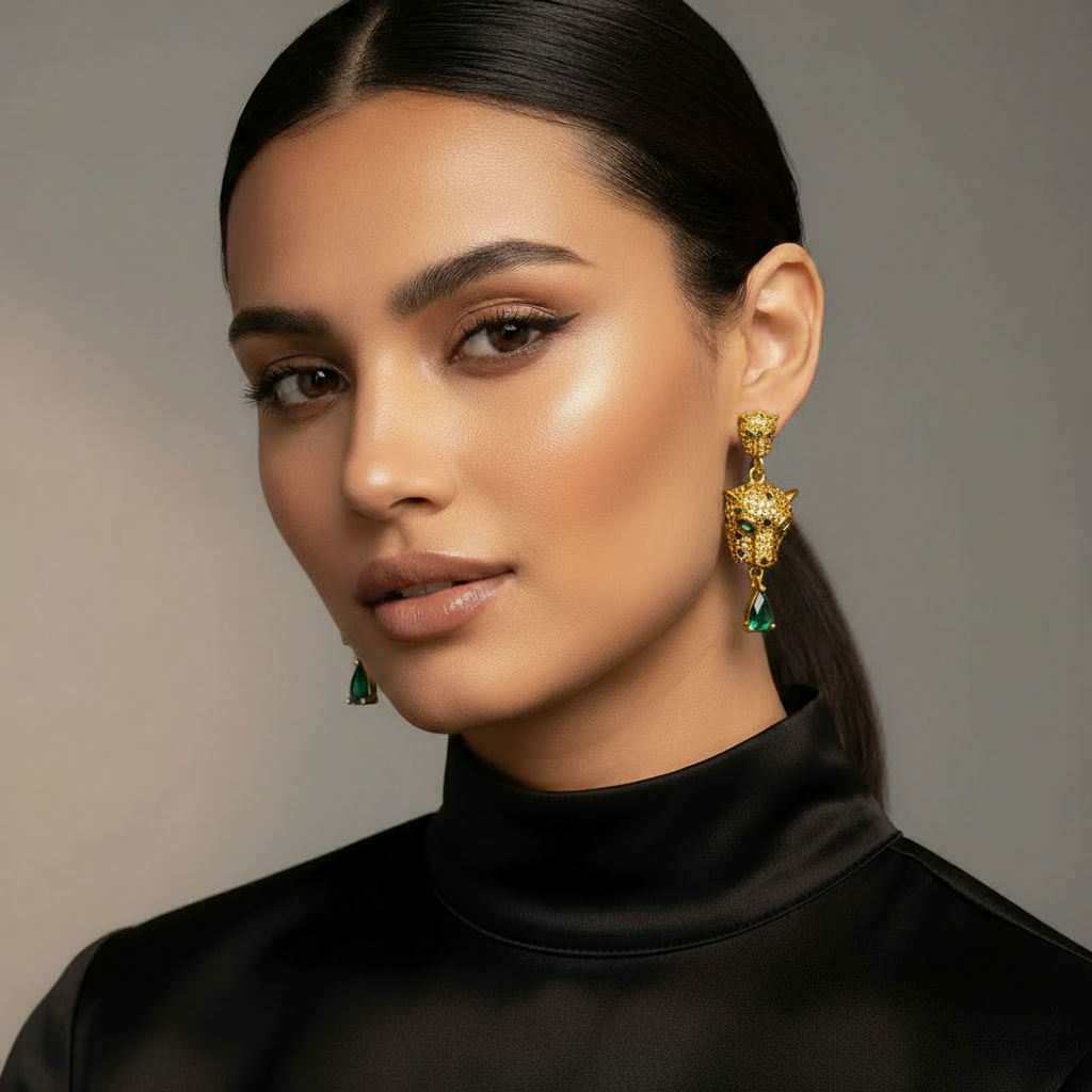 Gold & Emerald Leopard Huggie Earrings