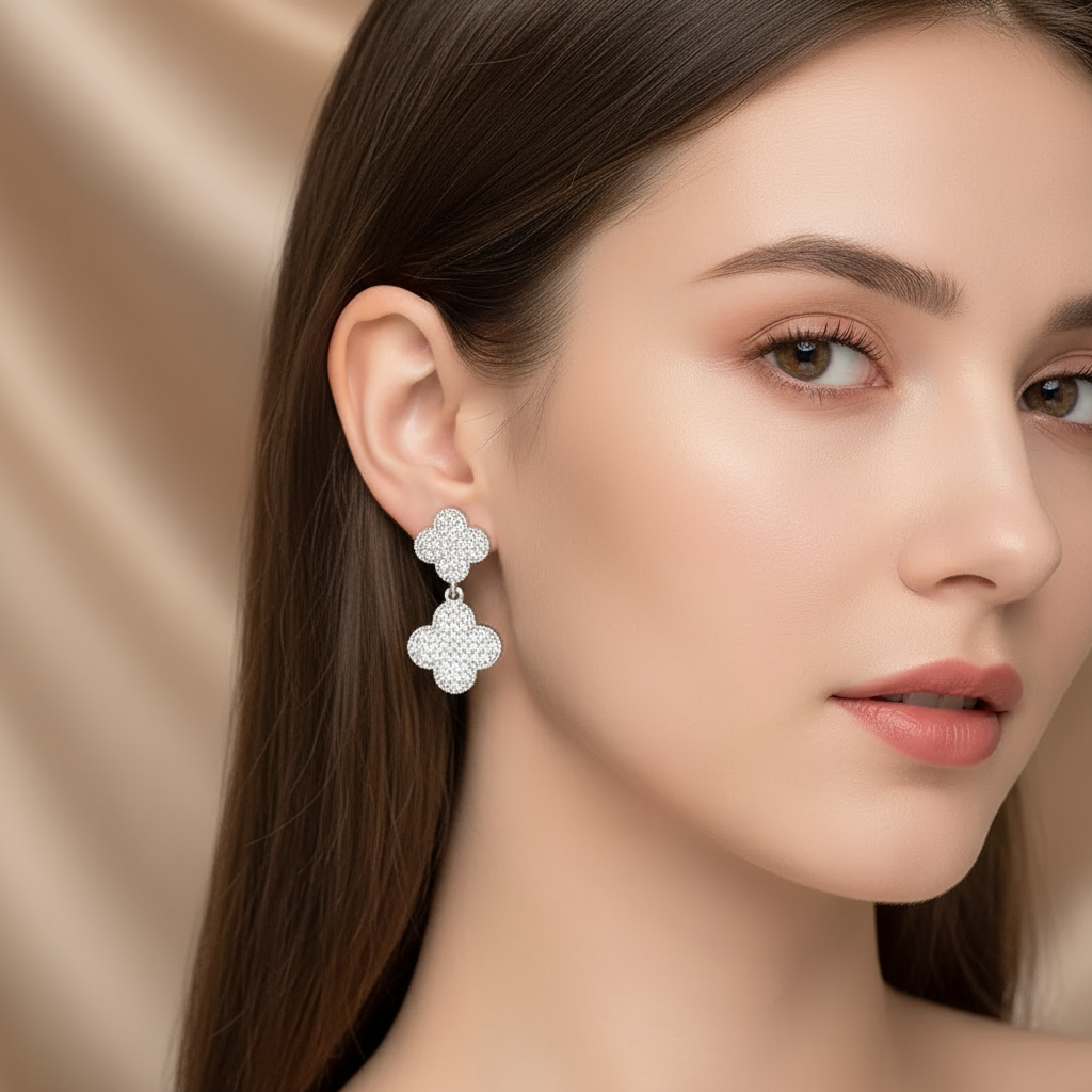 Silver Pave Double Clover Drop Earrings