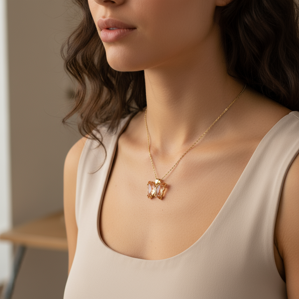 Crystal Butterfly Necklace- Peach