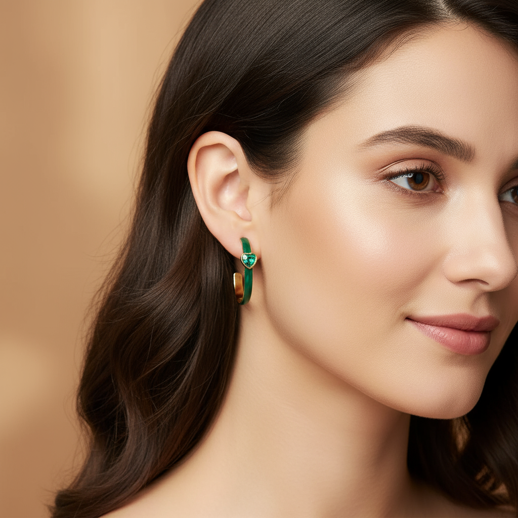 Enamel Hoop Earring With Heart- Green