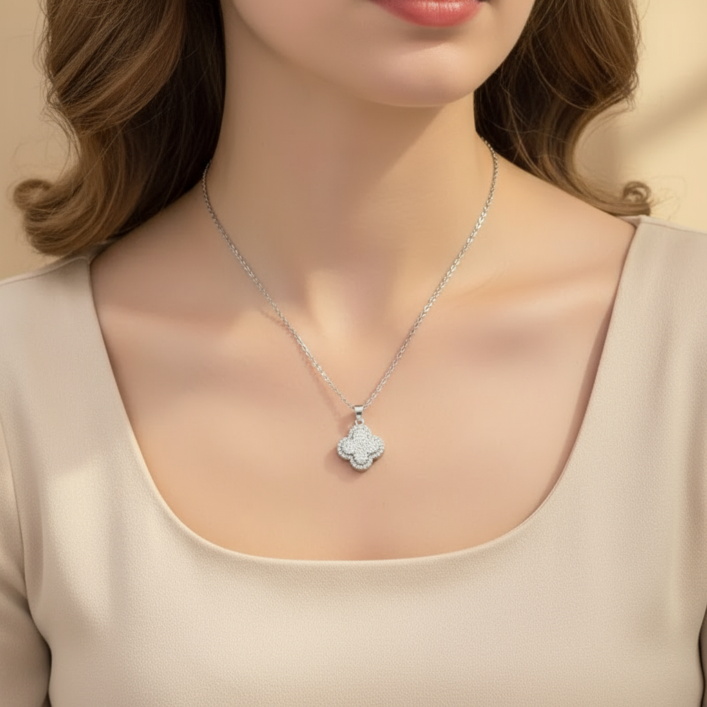 Silver Pave Clover Necklace
