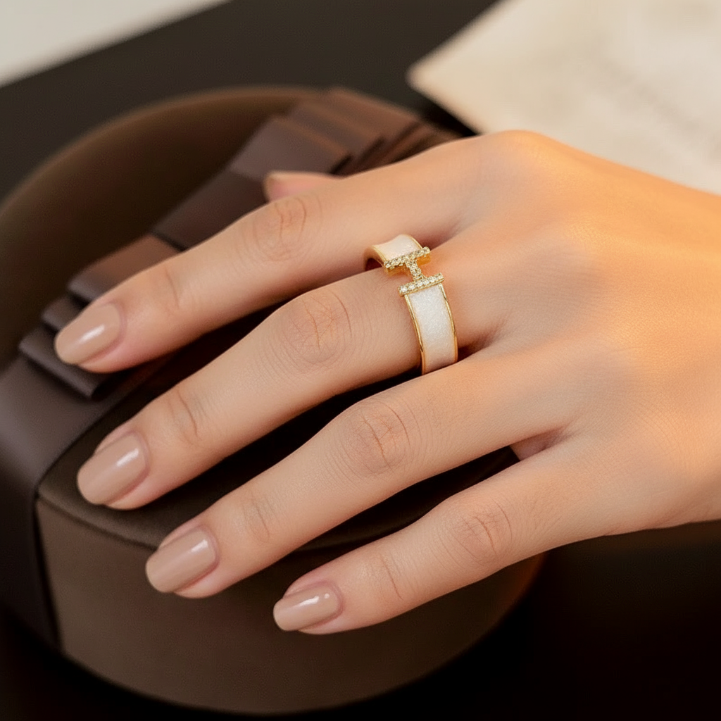 Mother Of Pearl & Rhinestone Adjustable H Ring