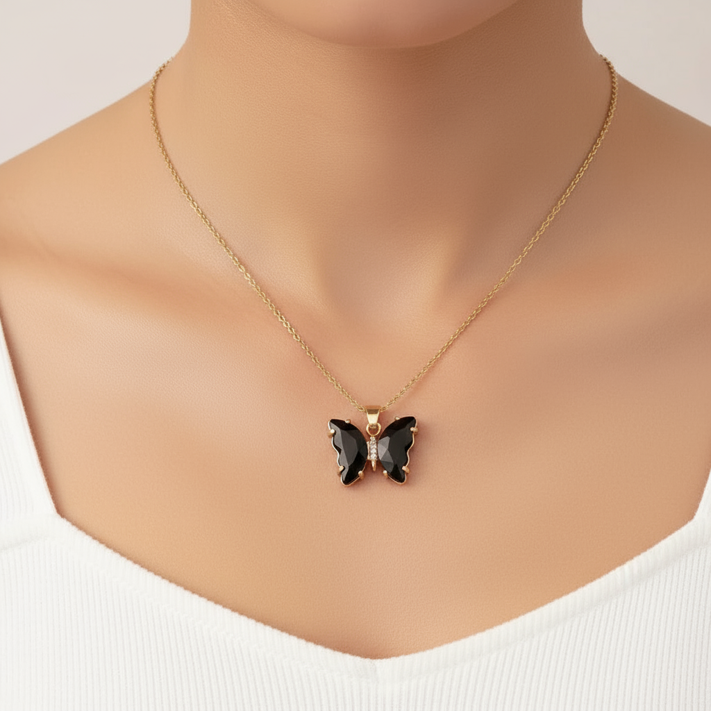 Crystal Butterfly Necklace- Black