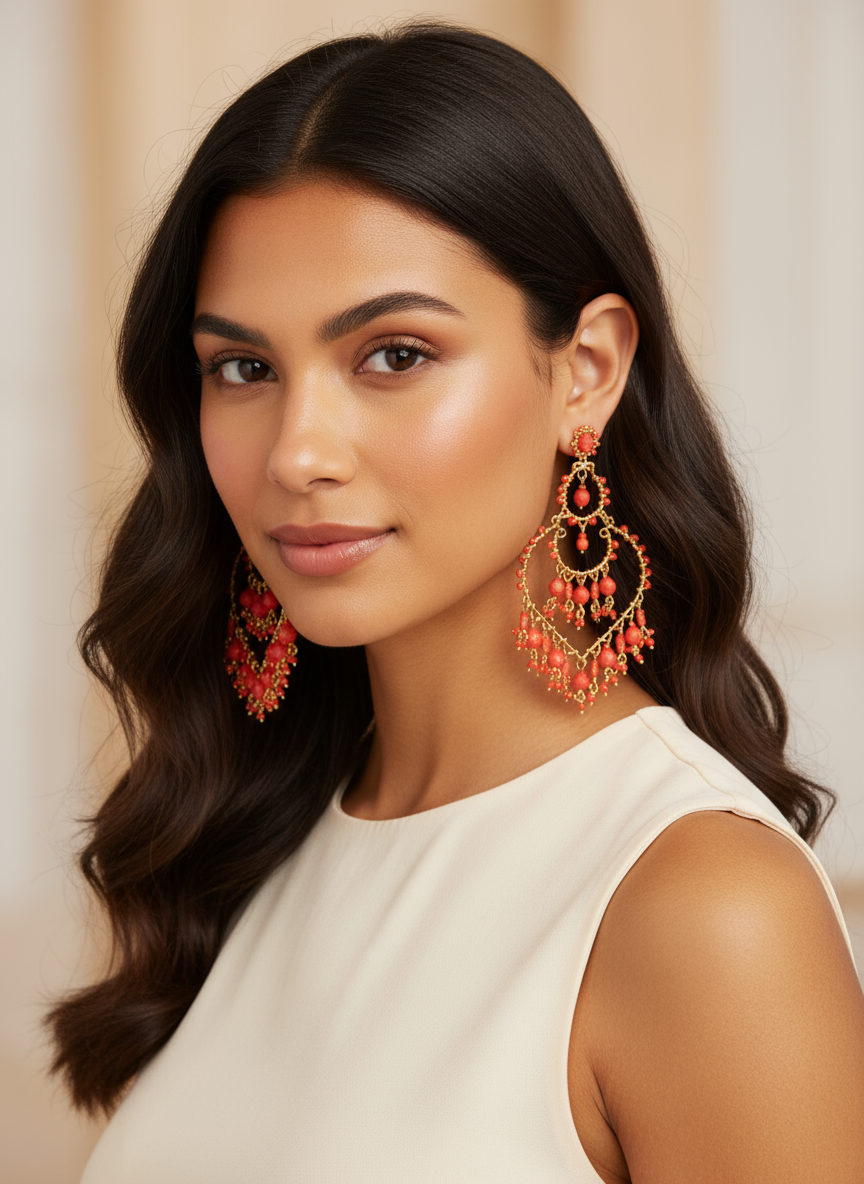 Beaded Chandelier Earrings- Rust