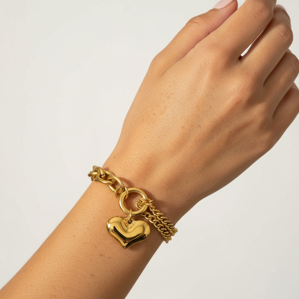 Double Chain Gold Heart Charm Bracelet
