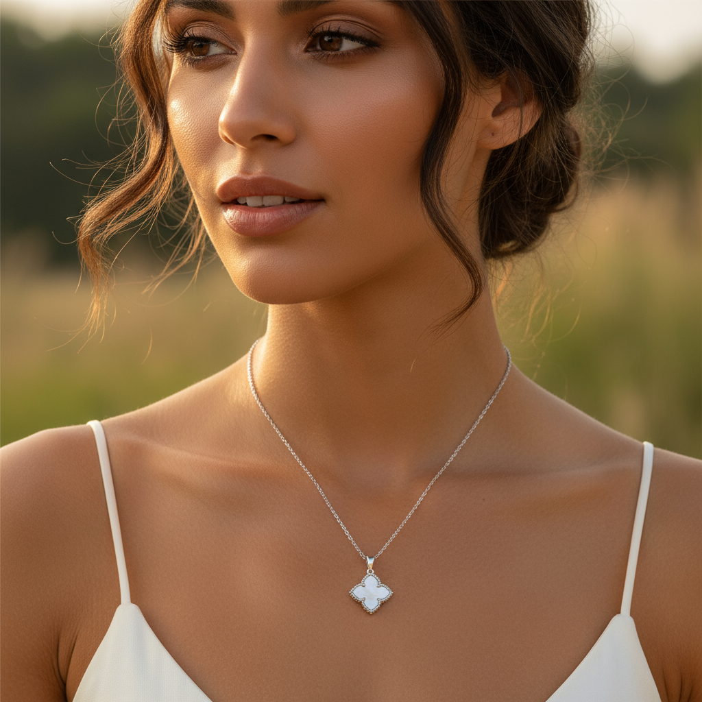 Mother of Pearl Clover Necklace-Silver