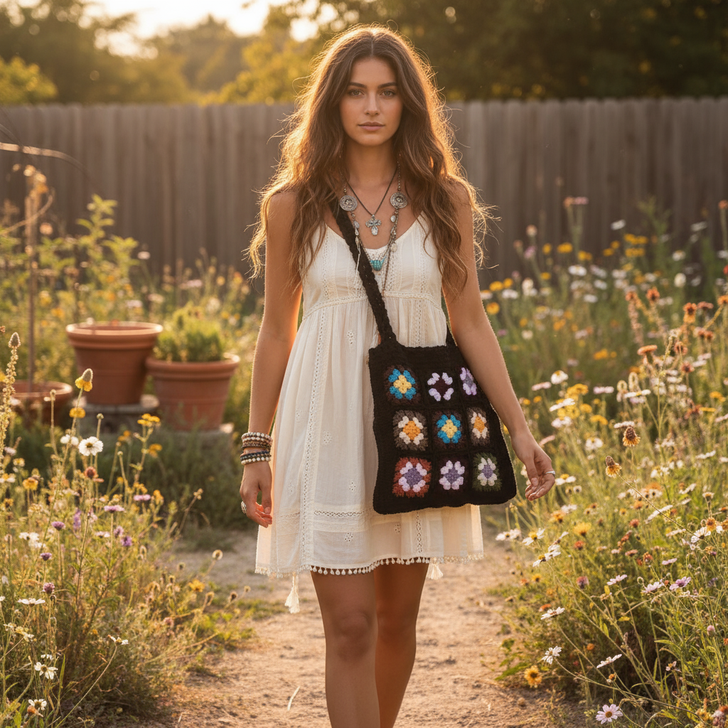 Crochet Boho Summer Tote- Black