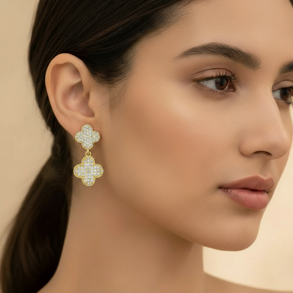 Gold Pave Double Clover Drop Earrings