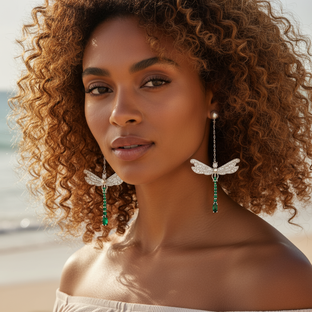 Emerald Dragonfly Drop Earrings