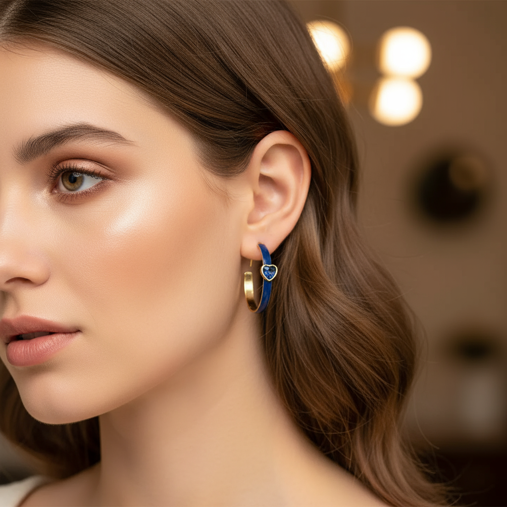 Enamel Hoop Earring With Heart- Navy