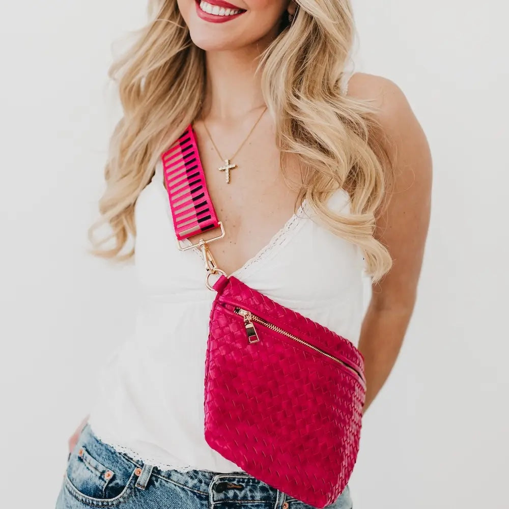 The Bella Woven Crossbody Bag- Hot Pink