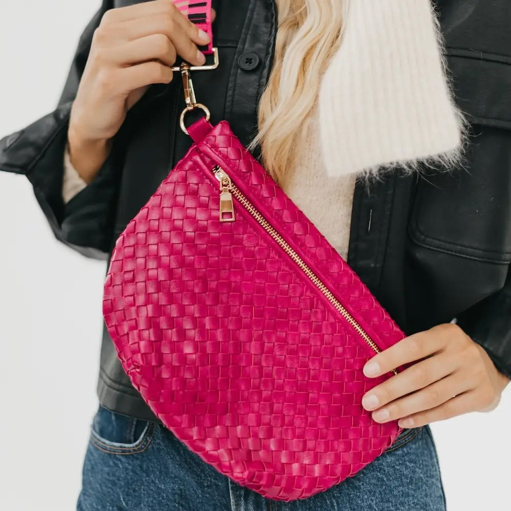 The Bella Woven Crossbody Bag- Hot Pink