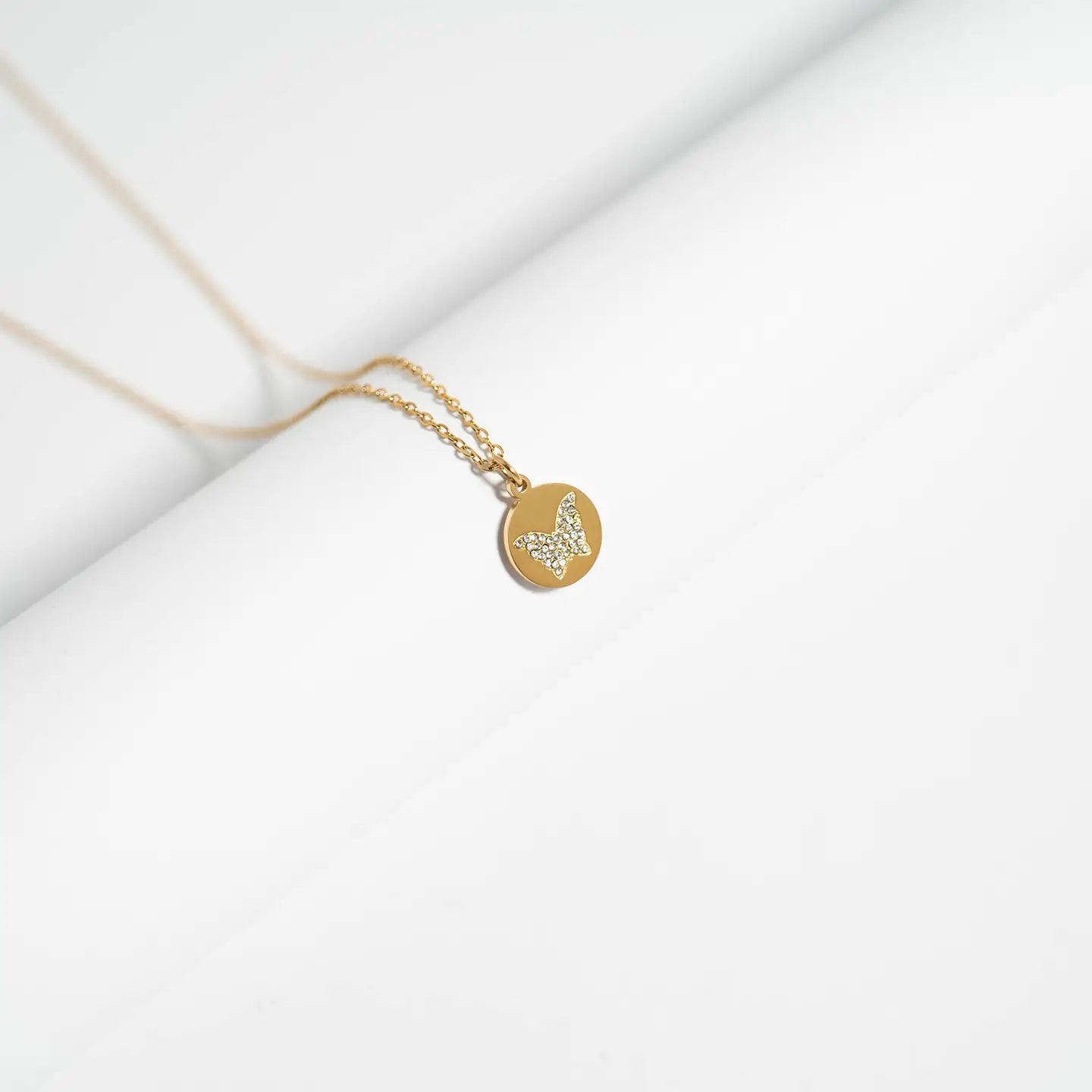Gold Circle Butterfly Pendant Necklace