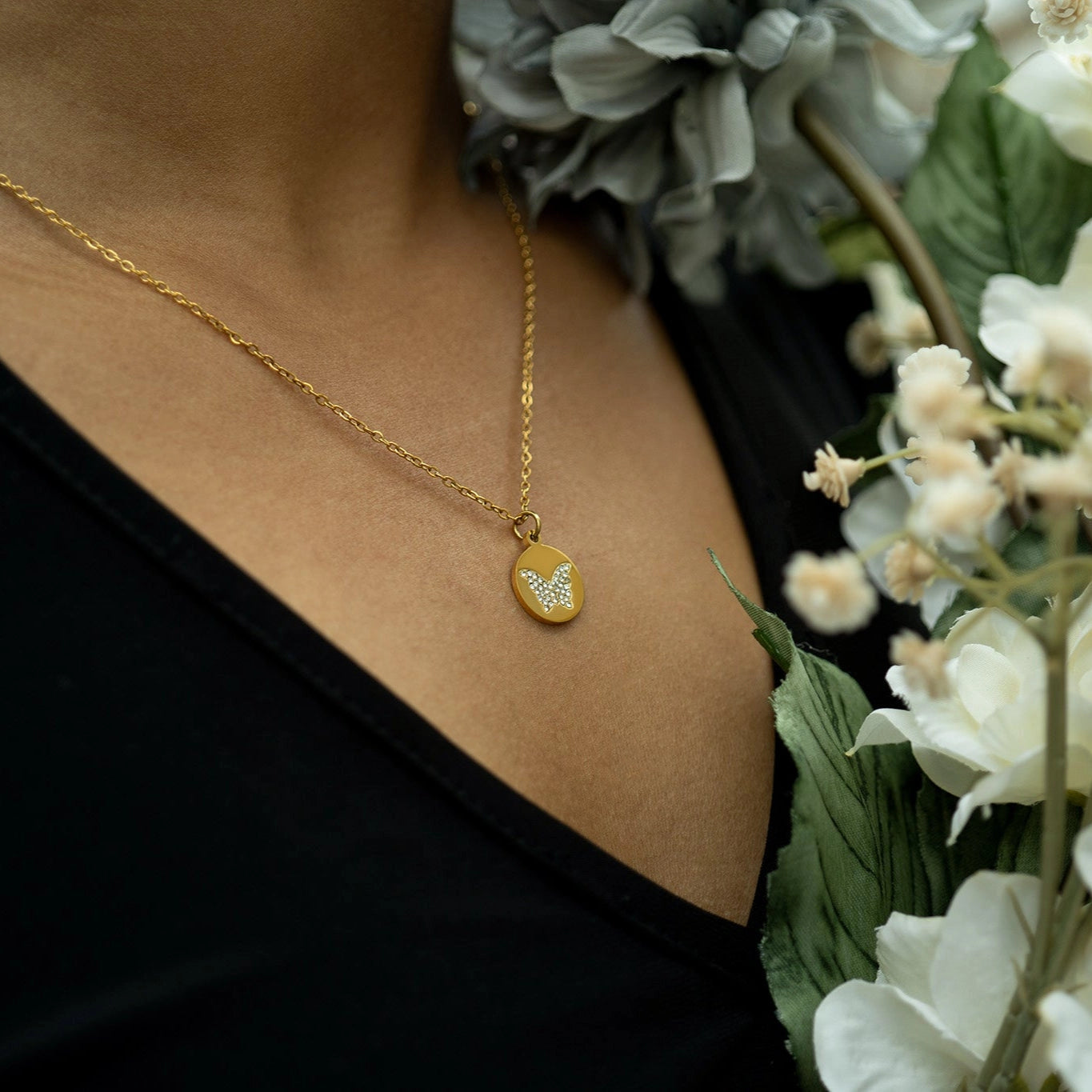 Gold Circle Butterfly Pendant Necklace