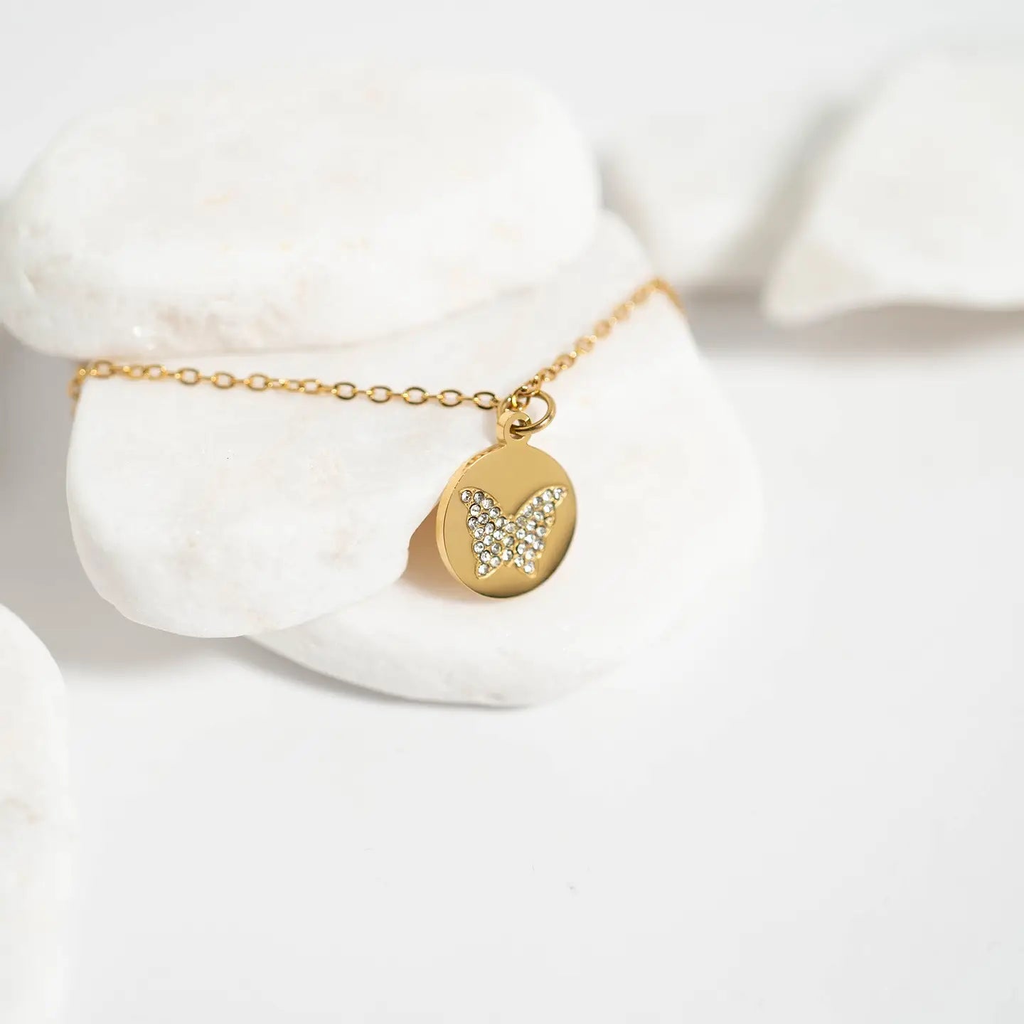 Gold Circle Butterfly Pendant Necklace