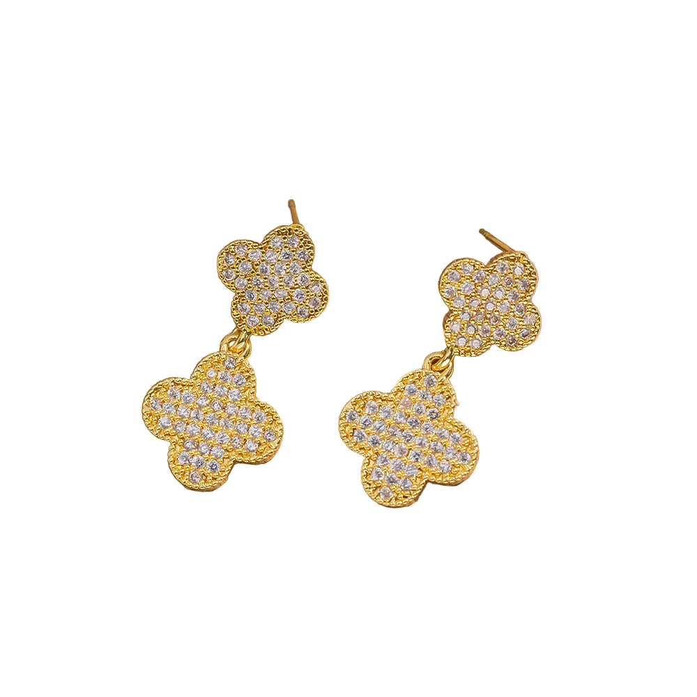 Gold Pave Double Clover Drop Earrings