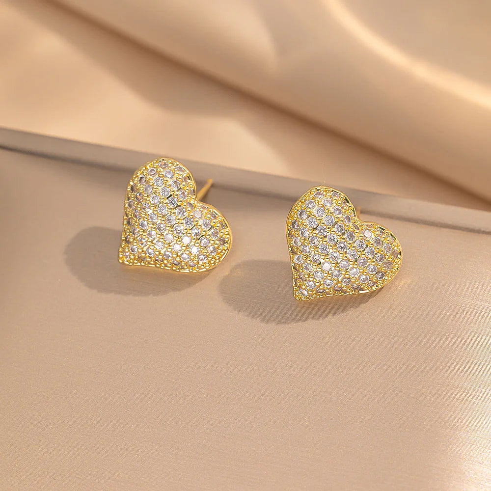 Gold Pave Heart Stud Earrings