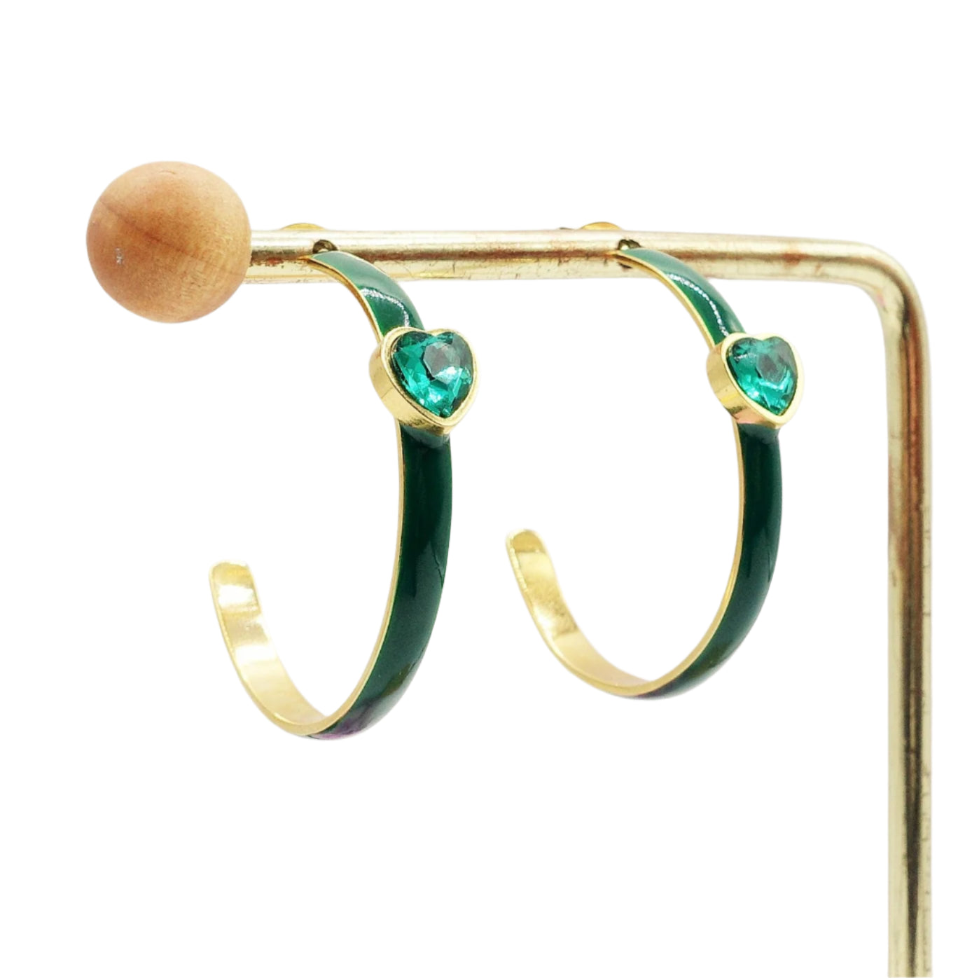Enamel Hoop Earring With Heart- Green