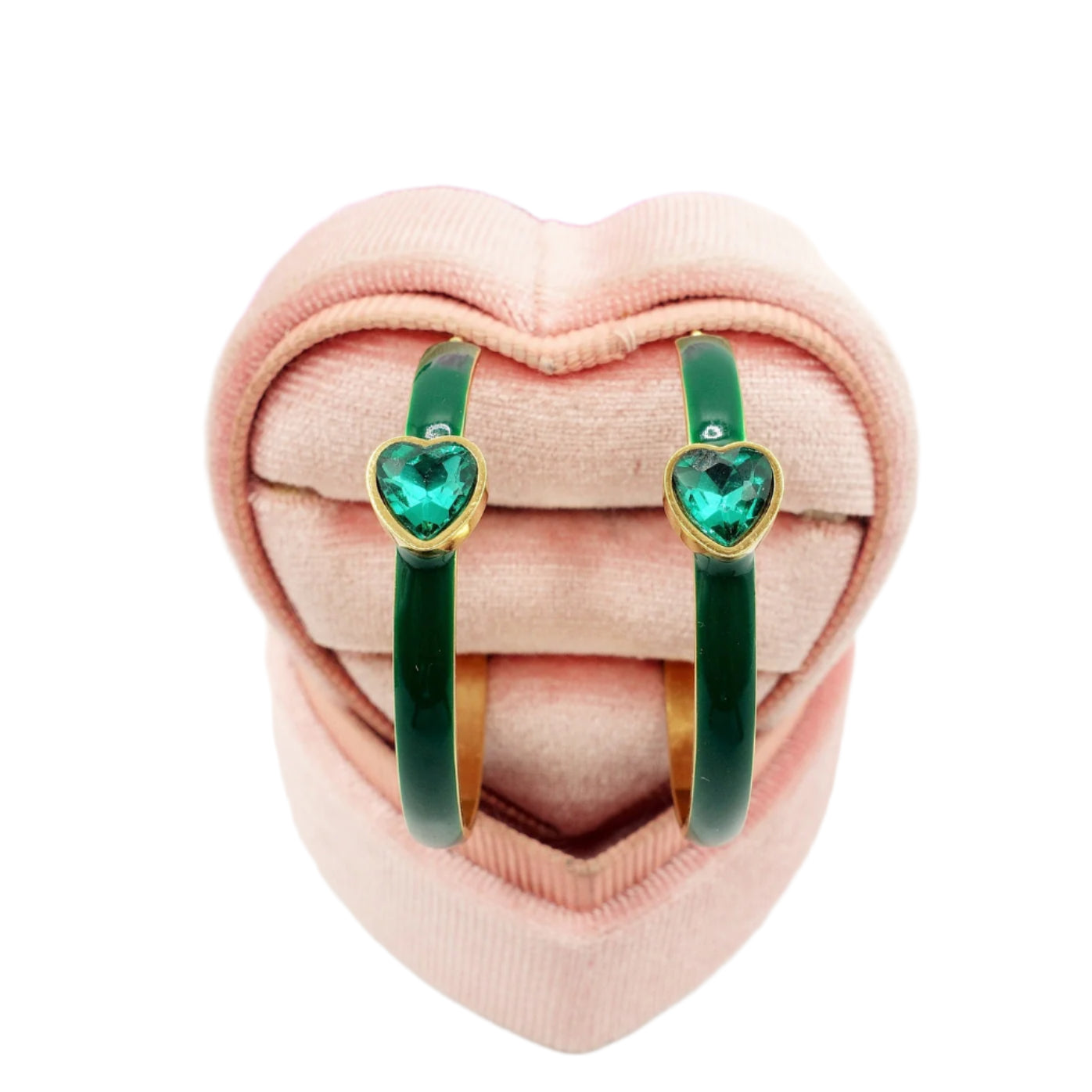 Enamel Hoop Earring With Heart- Green