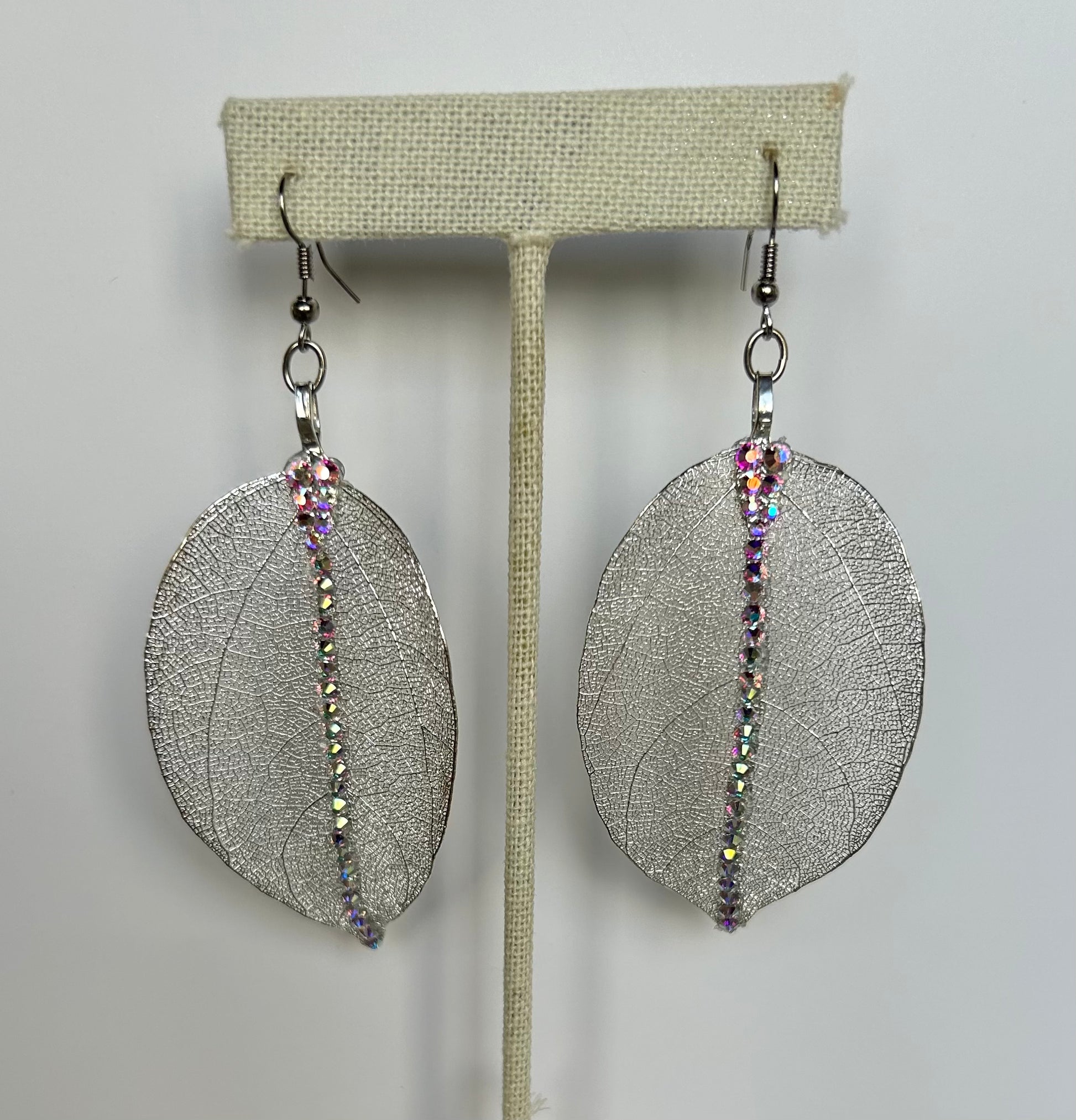 Silver Mesh Leaf with Crystals Earrings