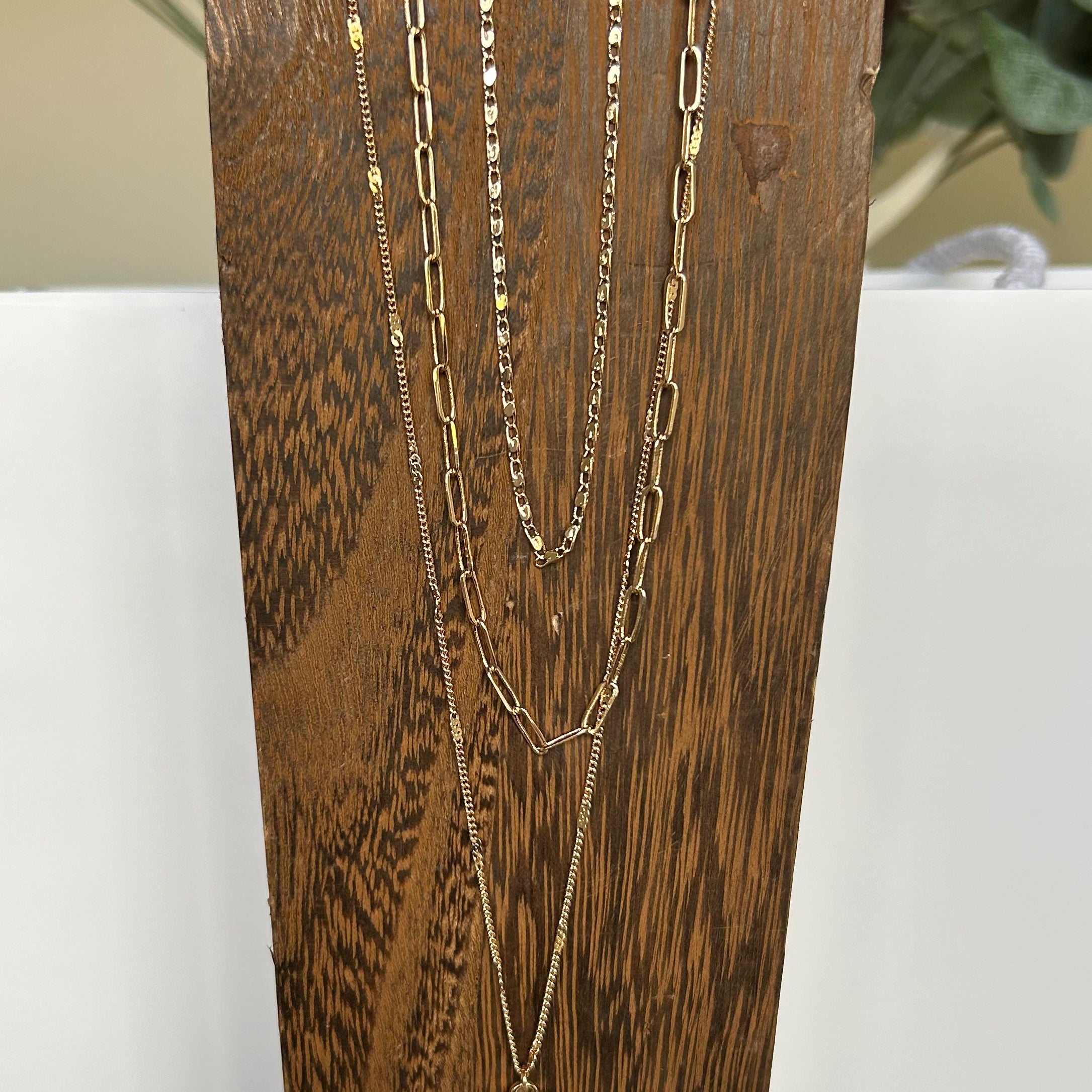 Gold Triple Strand Baguette Necklace