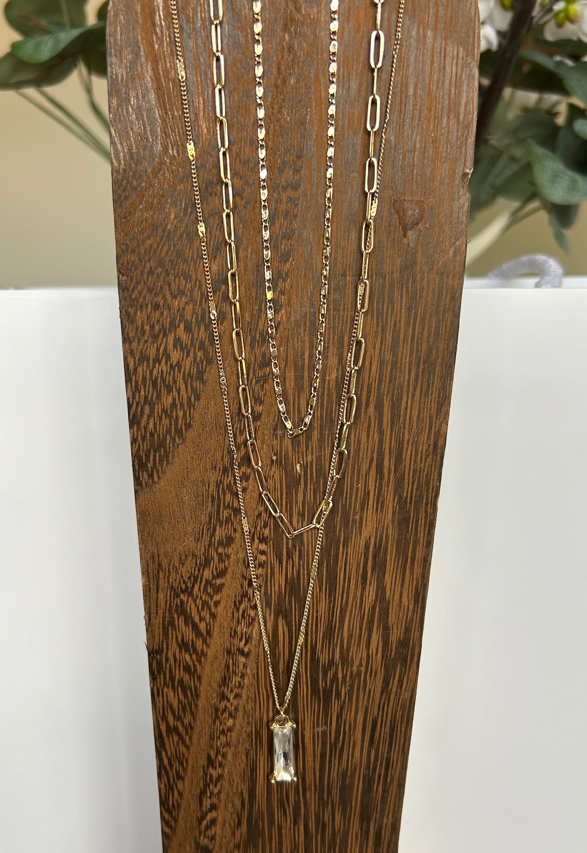 Gold Triple Strand Baguette Necklace