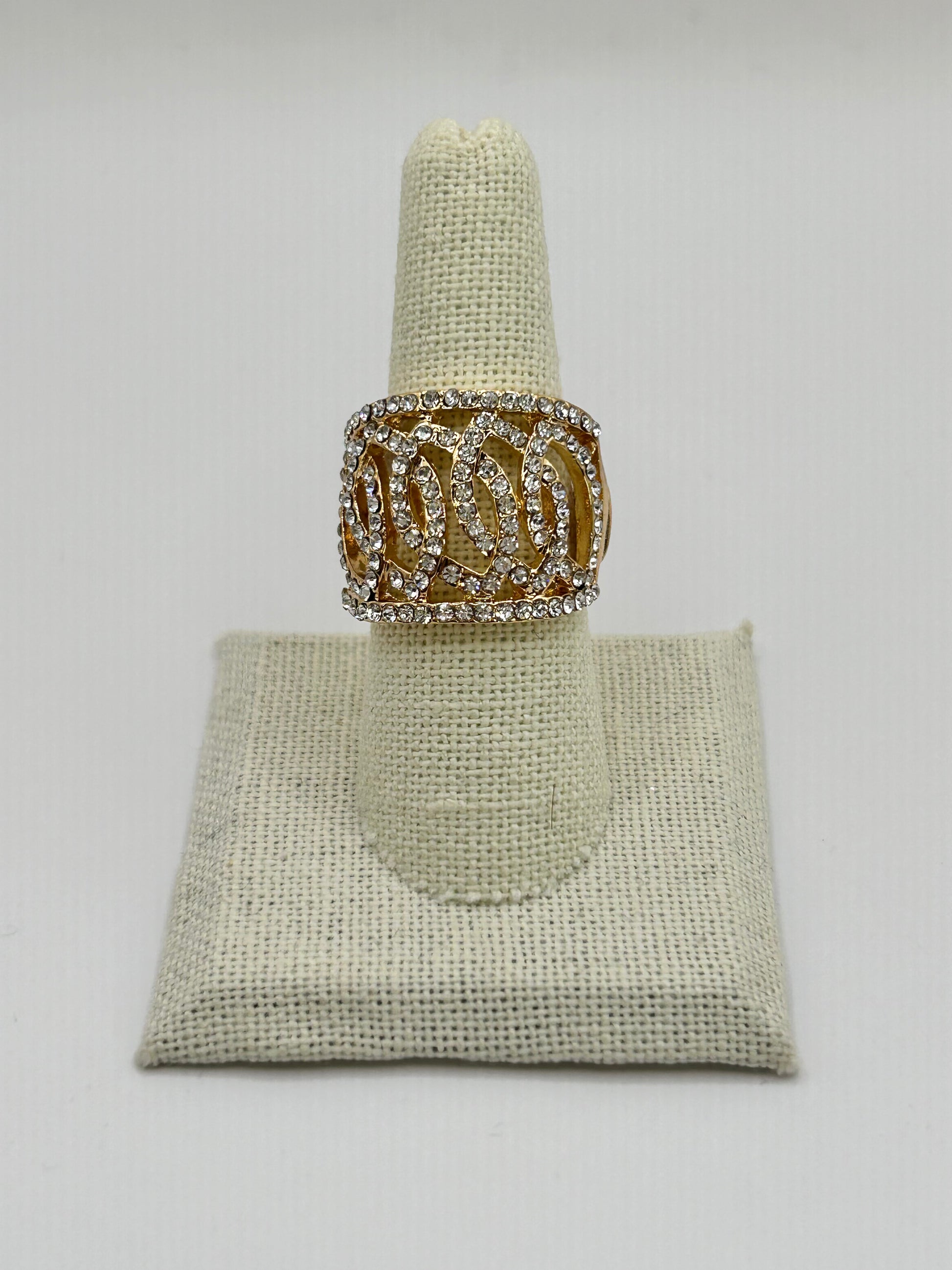 Gold Rhinestone Scroll Ring