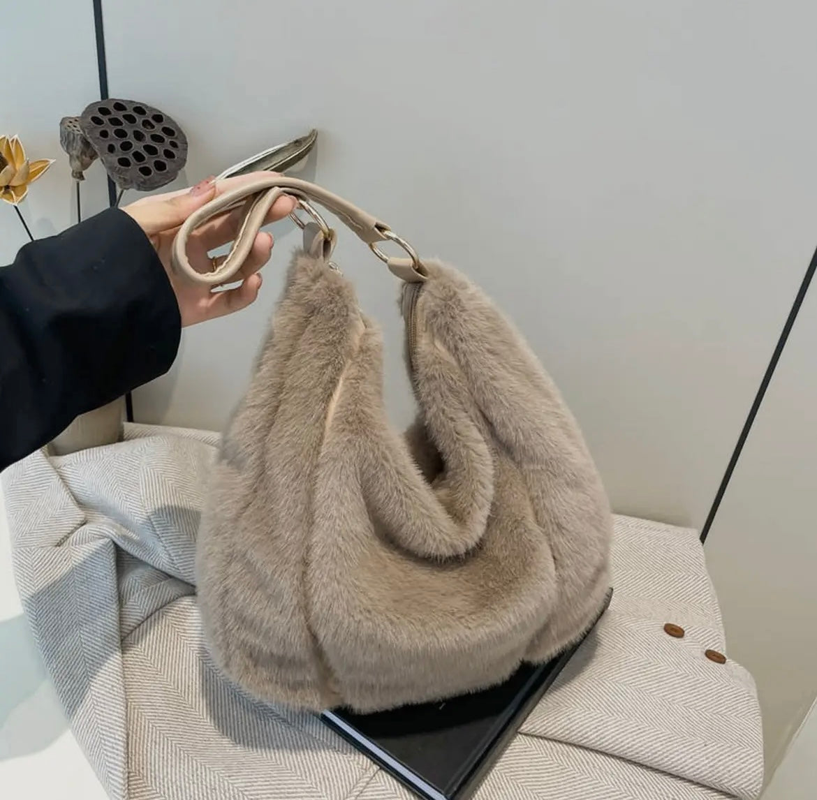 Fur Hobo Bag- Taupe