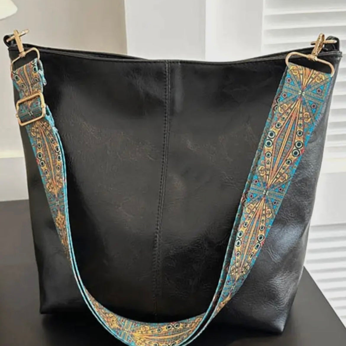 Pattern Strap Tote Bag- Black