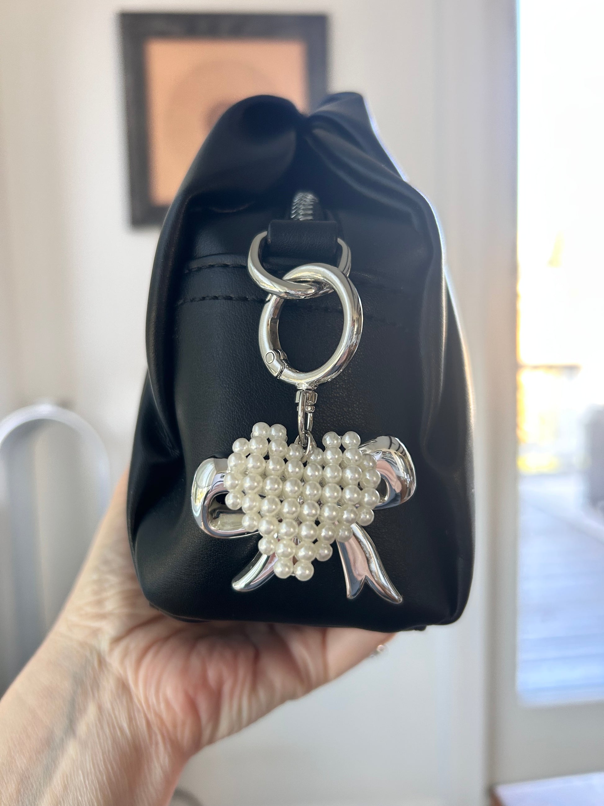 Silver Bow & Pearl Heart Bag Charm