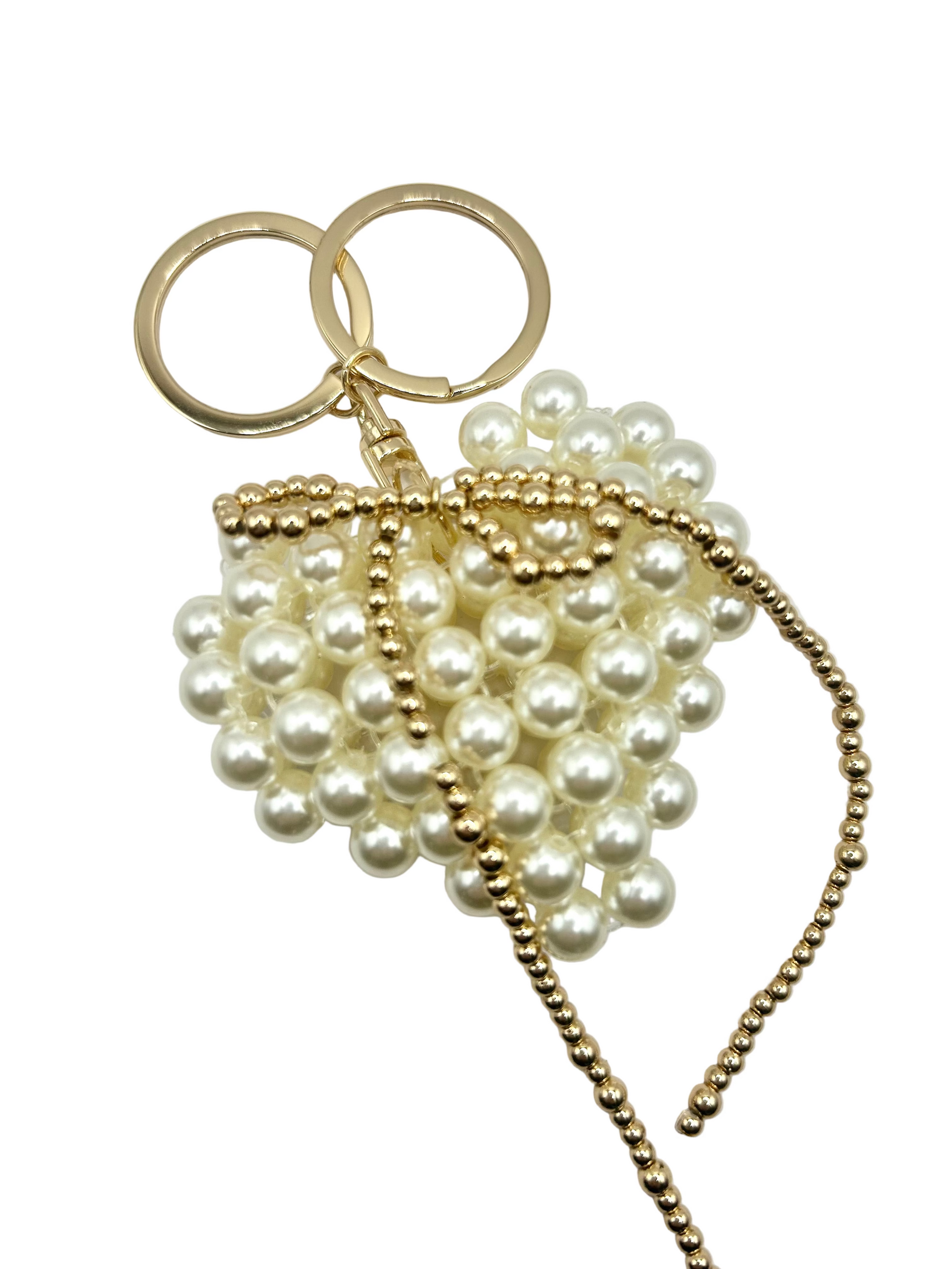 Knitted Pearl Heart and Gold Bow Bag Charm