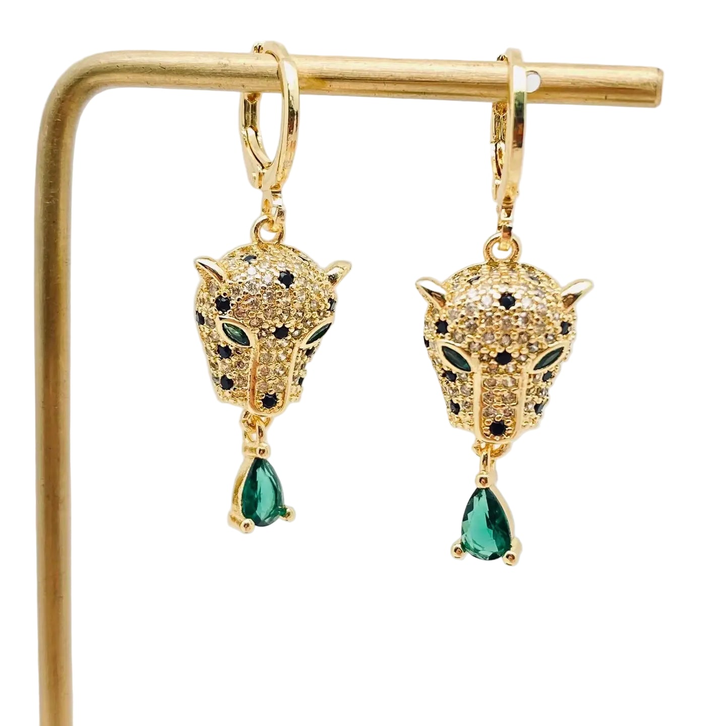 Gold & Emerald Leopard Huggie Earrings