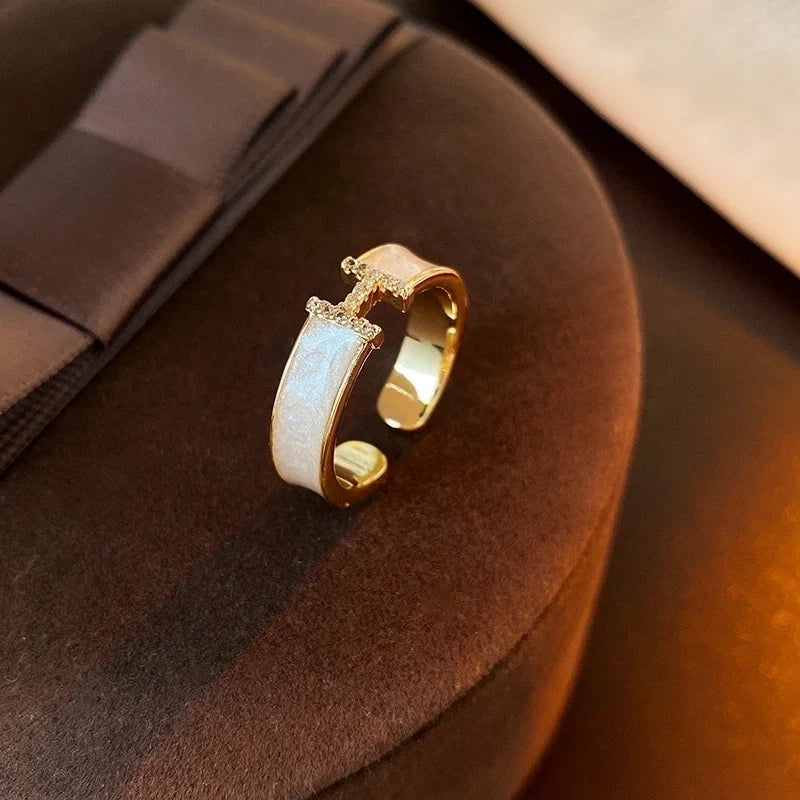 Mother Of Pearl & Rhinestone Adjustable H Ring